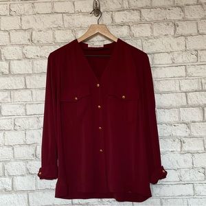 Jones New York Maroon V-neck Long Sleeve Button Down Top Medium